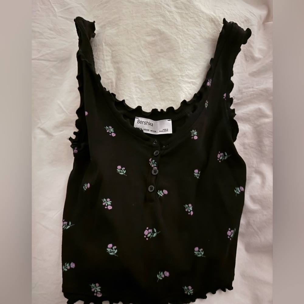 Bershka Black Crop Top with Purple Floral Design